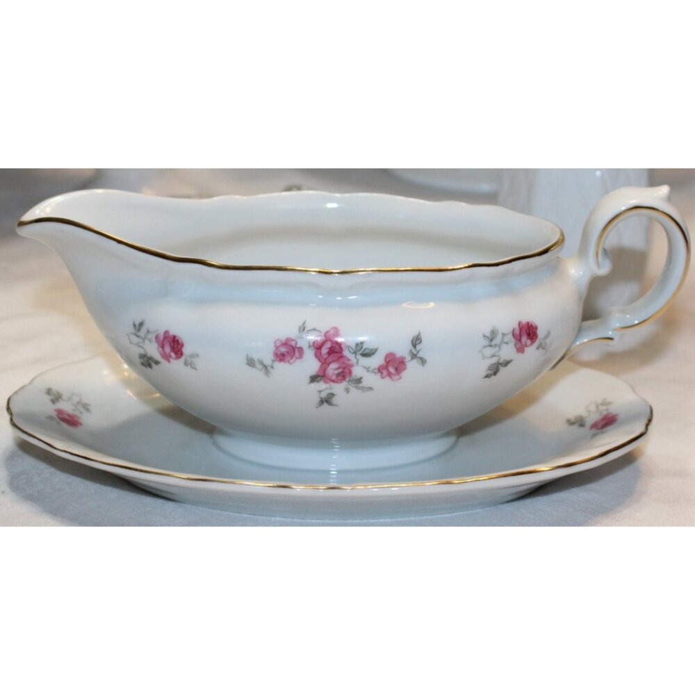 Winterling Bavaria Pink Roses Gravy Boat w/ Attached Plate Vintage Porcelain